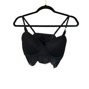 Black Lace Push Up Bralette L‎ 38A-C 36C-D Pink Lined Strappy Longline NWT
